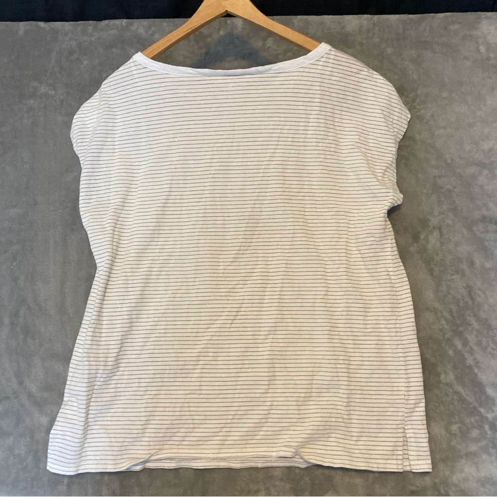 Liz Claiborne White Cap Sleeve Tee with Metallic Gold Stripes & Button Accents - Picture 2 of 11